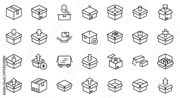 Fototapeta Box line icon set. Package and delivery symbols. Shipping and logistics graphic collection. Open, closed cardboard box. Unpacking parcel vector illustration. Moving and storage concept.