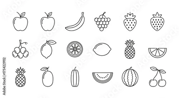 Fototapeta Fruit line icon set. Healthy food symbols. Minimalist pictogram collection for food apps and websites. Apple, banana, grapes, lemon, orange, pineapple, watermelon, cherry.