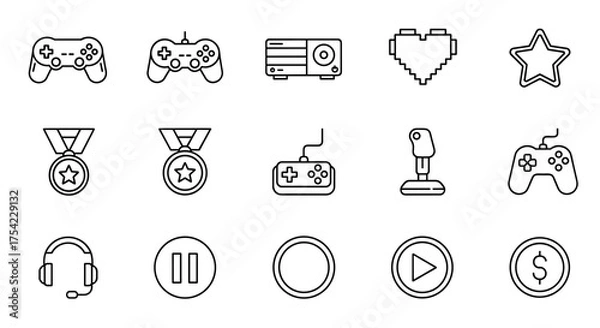 Fototapeta Retro and Modern Video Game Controllers and Gaming Icons Set, Including Joysticks, Headphones, Play Pause Buttons, Medals, Pixel Heart and Star Symbols for Game Design and eSports
