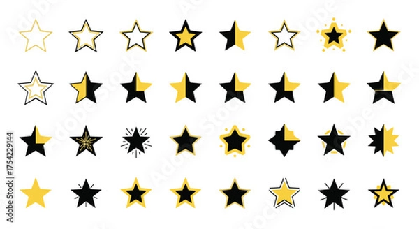 Fototapeta Diverse set of black and gold star icons and shapes, outlined, half-filled, solid, split, glowing, and decorative star illustrations for ratings, awards, and design elements