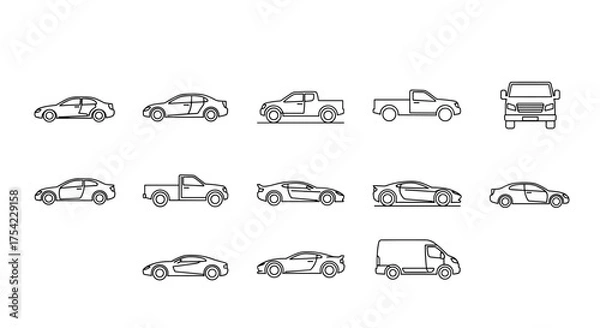 Fototapeta Set of various car and pickup truck outline icons, side and front views, sleek sedan and sports car silhouettes, editable vector line art for transportation design