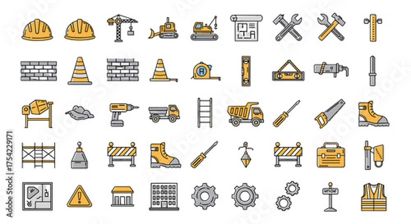 Fototapeta Construction tools icons set with safety helmets, building equipment, construction machinery, blueprint plans, hand tools, safety boots and construction signs vector