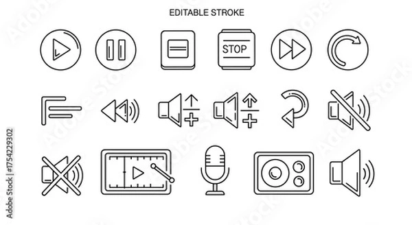 Fototapeta Multimedia Control Icons Set. Play, Pause, Stop, Forward, Rewind, Volume Adjust, Mute, Microphone, Speaker, Sound Management, Audio Control Symbols with Editable Stroke for Media Interface Design