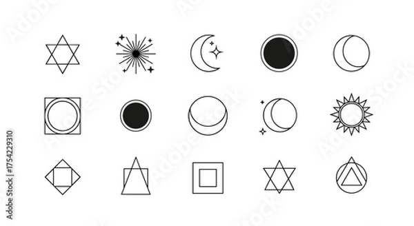 Fototapeta Minimalist geometric and celestial vector icons set with sacred star shapes, sun, moon phases, cosmic bursts, and basic polygonal designs for spiritual, mystical, and abstract themes