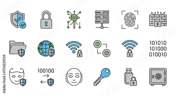 Fototapeta Cybersecurity icons set with shield protection lock, firewall, fingerprint authentication, data encryption, network security, hacker mask, USB lock, key and safe, digital privacy concepts