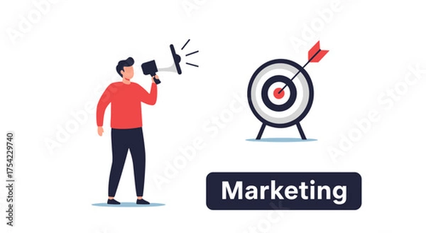 Fototapeta Marketing concept illustration with man using megaphone and target board with arrow hitting bullseye, business promotion, advertising, goal achievement, communication strategy