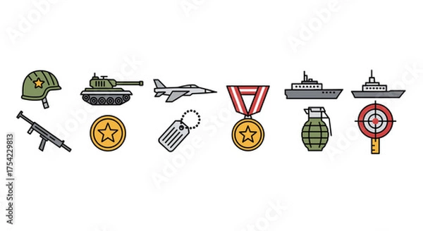Fototapeta Military icons set with helmet, tank, fighter jet, medal, dog tag, rifle, grenade, battleships, and target symbol for army, defense, combat, and warfare concept