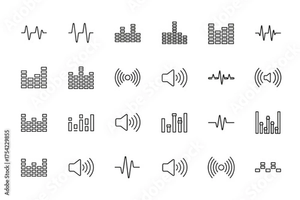 Fototapeta Collection of Sound Wave and Music Equalizer Icons, Audio Signal, Volume, Frequency Bars, Sound Visualization, Audio Control Symbols, Waveform and Speaker Vectors