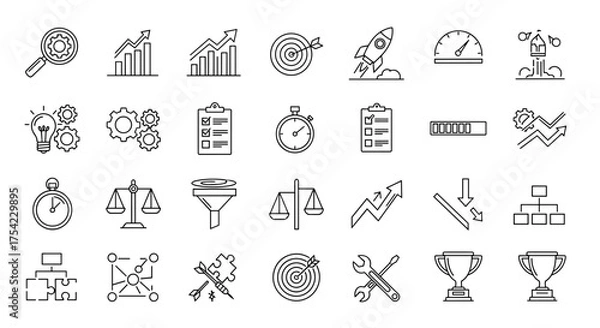 Fototapeta Business performance and productivity line icon set. Vector symbols for strategy, growth, analysis, and success. Icons for startup, goal, efficiency, and project management.