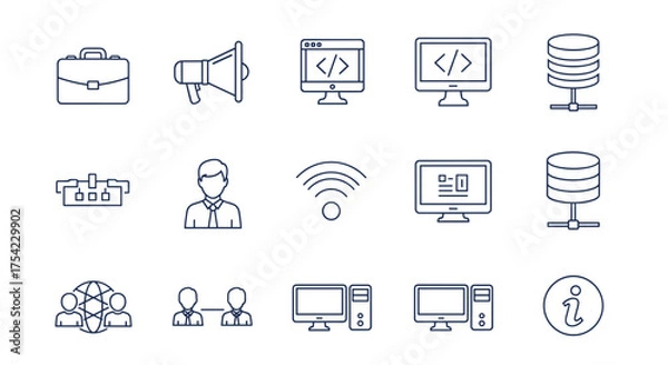 Fototapeta Business technology vector icons set with coding, database, networking, user profile, communication, and computer desktop desktop computer with server connections concept