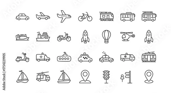 Fototapeta Transport icon set. Line collection of vehicle symbols. Car, airplane, bus, train, ship, bike. Public transport. Outline graphic for web, mobile app. Vector illustration.