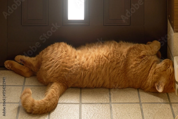 Obraz 体を伸ばして玄関で寝ている猫