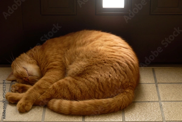 Obraz 丸くなって玄関で寝ている猫