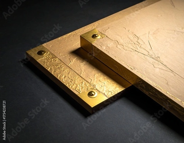 Fototapeta Angled view of two rectangular wooden surfaces, gold trim, secured by brass rivets