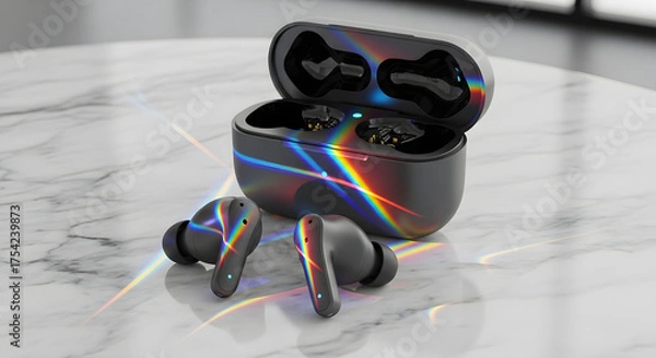 Obraz Modern Wireless Earbuds with Charging Case and Vibrant Light Refractions.