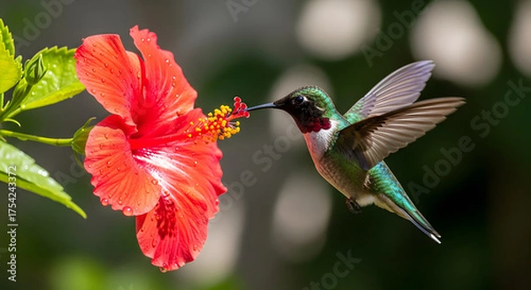 Obraz Rubythroated Hummingbird Feeding Nectar from Red Hibiscus Flower.