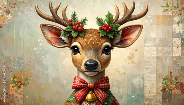 Obraz Adorable reindeer portrait adorned with festive holly berries pine sprigs and a cheerful red bow with a bell