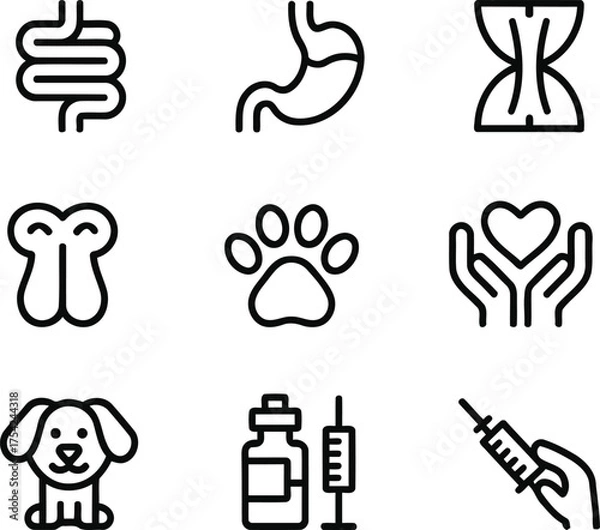 Obraz Medical and Veterinary Icons Collection Representing Health, Care, and Treatment with Anatomical Symbols, Pet Paw, Heart, and Vaccination Elements for Healthcare and Animal Welfare