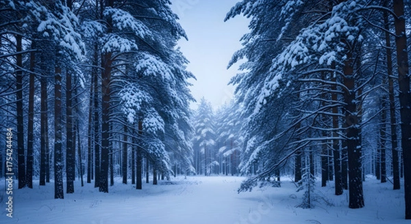 Obraz Serene Winter Forest Landscape with Snow Covered Pine Trees.