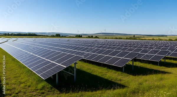 Obraz Solar Panel Field with Wind Turbines on Horizon.