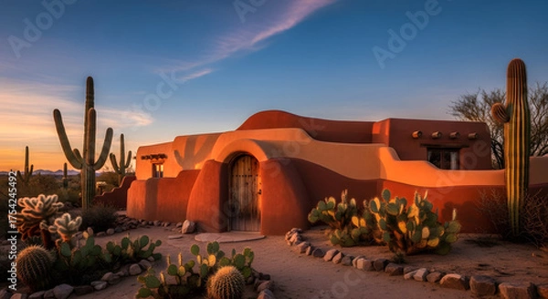 Obraz Southwestern Adobe House in Desert Sunset with Cacti.