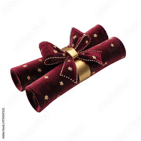 Fototapeta Elegant red velvet scrolls with a golden bow, perfect for festive celebrations and special occasions.