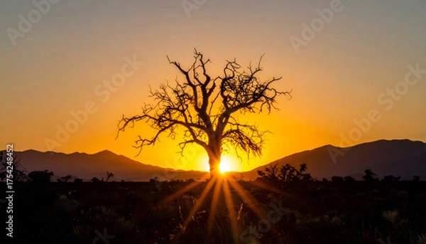 Obraz 夕焼けと枯れ木