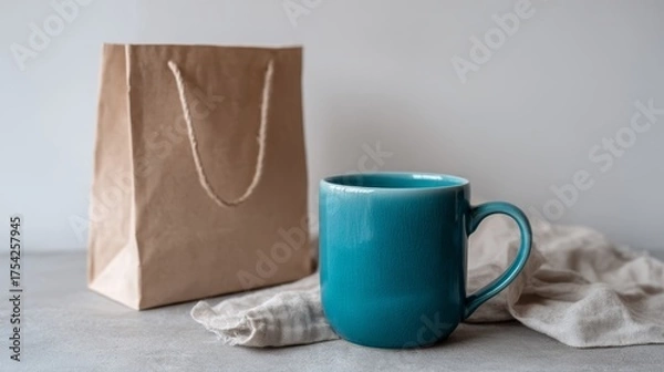 Obraz Vibrant teal coffee mug alongside a paper bag of oatmeal raisin cookies on textured linen surface illuminated by bright daylight, closeup highangle shot with ample copy space