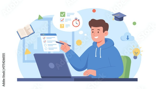 Fototapeta A young man in a blue hoodie is taking an online exam on his laptop, with icons representing education, assessment, and success floating around him, symbolizing the digital learning experience and