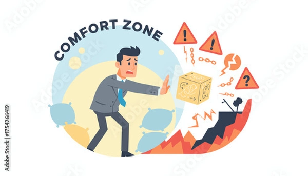Fototapeta Businessman hesitates at the edge of his comfort zone, pushing back against change and the unknown, symbolized by a cube with arrows and warning signs indicating risk and uncertainty.
