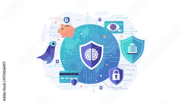 Fototapeta Vibrant digital illustration of cybersecurity for business, featuring a piggy bank, credit card, and building protected by shields, symbolizing data protection, financial security, and privacy in the