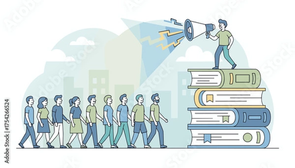 Obraz Vivid vector illustration depicting a man standing atop a stack of books, holding a megaphone and addressing a line of people walking forward, symbolizing leadership, education, and communication in