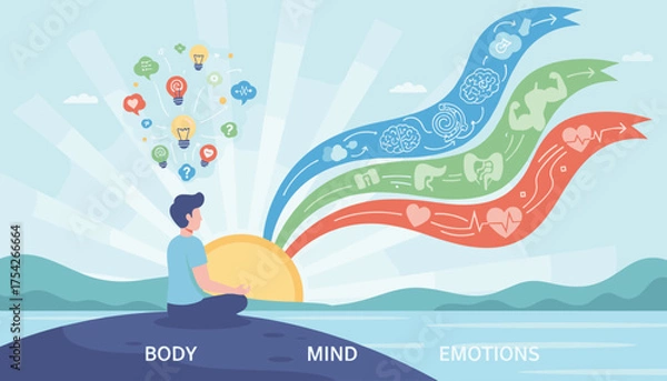 Fototapeta Vivid vector illustration depicting a person meditating at sunrise, symbolizing the interconnectedness of body, mind, and emotions, with flowing streams of icons representing health and well-being.