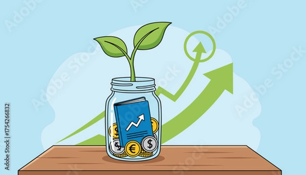 Fototapeta A vibrant illustration depicting a young green plant sprouting from a glass jar filled with coins and a small blue book featuring a growth chart, symbolizing financial growth and investment, set