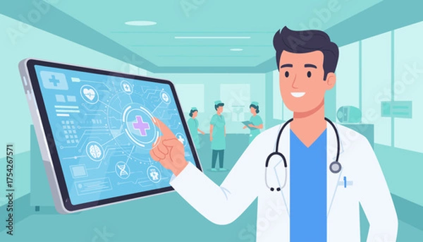 Fototapeta A smiling male doctor in a white coat with a stethoscope around his neck, interacting with a futuristic medical tablet displaying health icons and data in a modern hospital corridor with nurses in