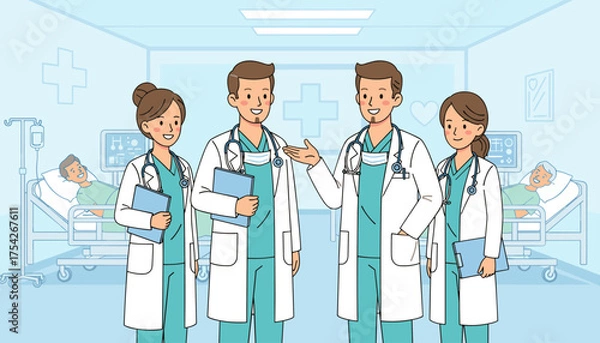 Fototapeta A diverse team of four smiling doctors, two men and two women, stand in a hospital room with patients in beds, ready to provide care and treatment, symbolizing healthcare professionals and medical