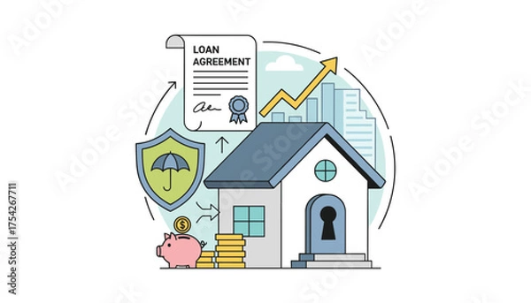 Fototapeta Conceptual illustration of a mortgage loan process, featuring a house, piggy bank, coins, a loan agreement document, a shield with an umbrella symbolizing insurance, and a rising arrow graph