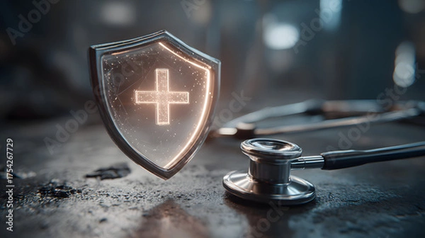 Fototapeta Digital shield above stethoscope representing medical cybersecurity patient safety and protection of health data and clinical integrity.