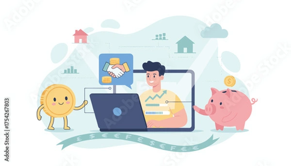 Fototapeta Vibrant illustration of a man using a laptop for online personal loans and financial concepts, featuring a friendly coin character, a piggy bank, and currency symbols, symbolizing savings