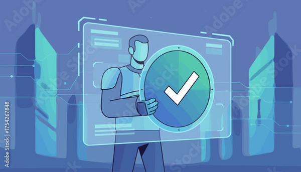 Fototapeta Abstract futuristic illustration of a stylized person holding a glowing circular shield with a white checkmark symbol, representing security, verification, and success, set against a blurred