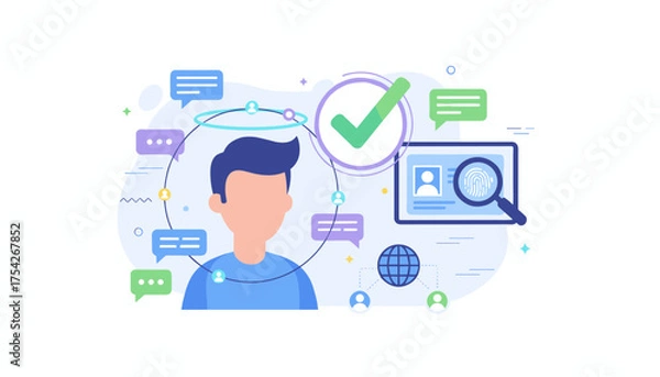 Fototapeta Abstract illustration of a person's profile verification and online communication, featuring chat bubbles, a checkmark, a magnifying glass over a fingerprint, and a global network connection