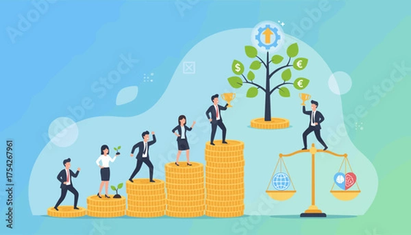 Fototapeta Business growth concept: Employees climbing stacks of coins symbolizing career development and financial success, with a money tree and a balance scale representing global economy versus personal