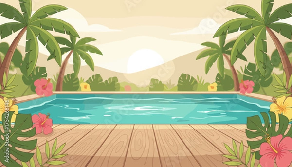 Fototapeta Serene wooden deck beside a tropical swimming pool surrounded by lush palm trees and vibrant hibiscus flowers, with a soft, hazy sunset in the background, evoking a sense of peaceful vacation and