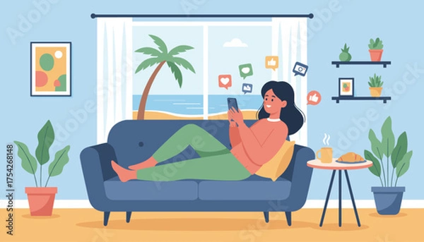 Fototapeta A young woman relaxes on a comfortable blue sofa in her living room, scrolling through social media on her smartphone, with a beautiful beach and ocean view visible through the window, featuring a