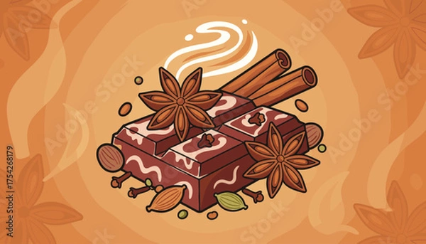 Fototapeta Aromatic spiced masala chai chocolate bar adorned with star anise, cinnamon sticks, cardamom pods, and almonds, evoking warmth and exotic flavors, perfect for culinary and beverage themes.