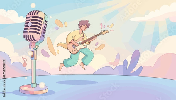 Fototapeta Joyful guitarist energetically playing electric guitar on stage with a vintage microphone, bathed in soft pastel sunlight and whimsical clouds, evoking a sense of musical performance and creative