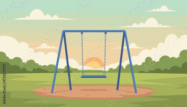 Fototapeta A solitary blue swing set stands empty in a park at sunset, with a blurred green forest and soft clouds in the background, evoking a sense of peace and nostalgia.