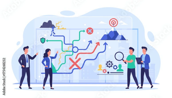Fototapeta Business team strategizing and planning a path to success, overcoming obstacles and challenges with a clear roadmap, symbolizing growth and achievement towards goals.