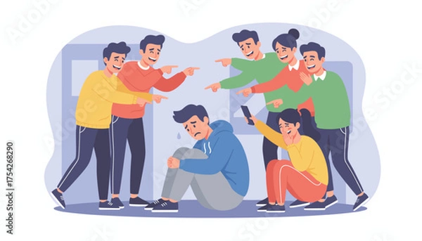Fototapeta Vivid illustration depicting the painful reality of bullying, showing a distressed young man sitting alone on the floor, hunched over in sadness, while a group of peers surrounds him, pointing