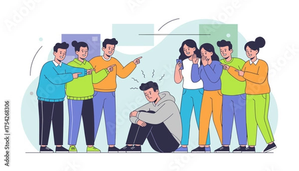 Fototapeta The problem of bullying: a man sits on the floor, hunched over and sad, while a group of people point and laugh at him, creating a scene of social exclusion and emotional distress, vector